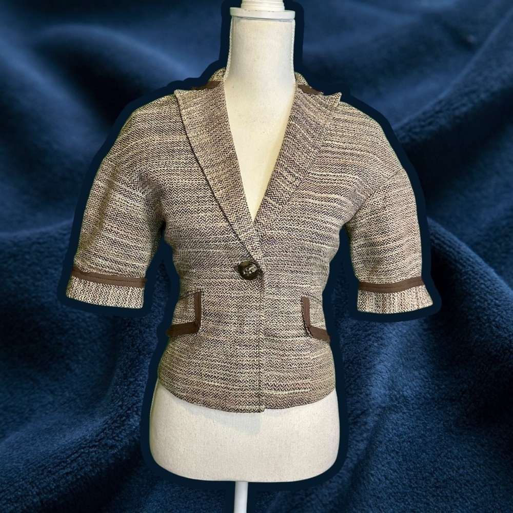 BCBGMaxAzria Brown 100% Silk Tweed Puffed Short-Sleeve Single-Button Blazer XXS